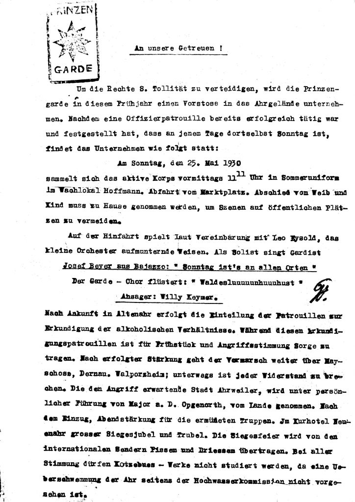 Ausflug der Prinzengarde 1930 an die Ahr