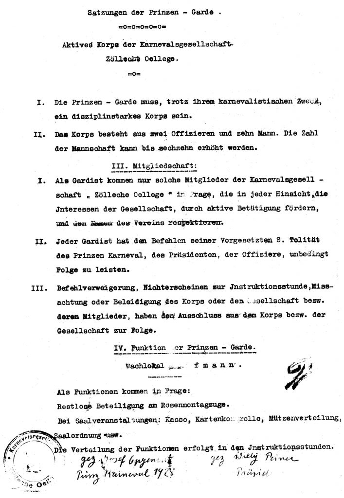 Satzung der Prinzengarde Zülpich von 1928