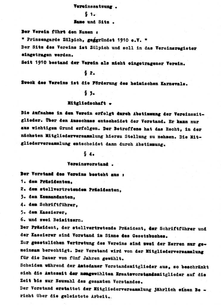 Satzung der Prinzengarde aus dem Jahr 1961